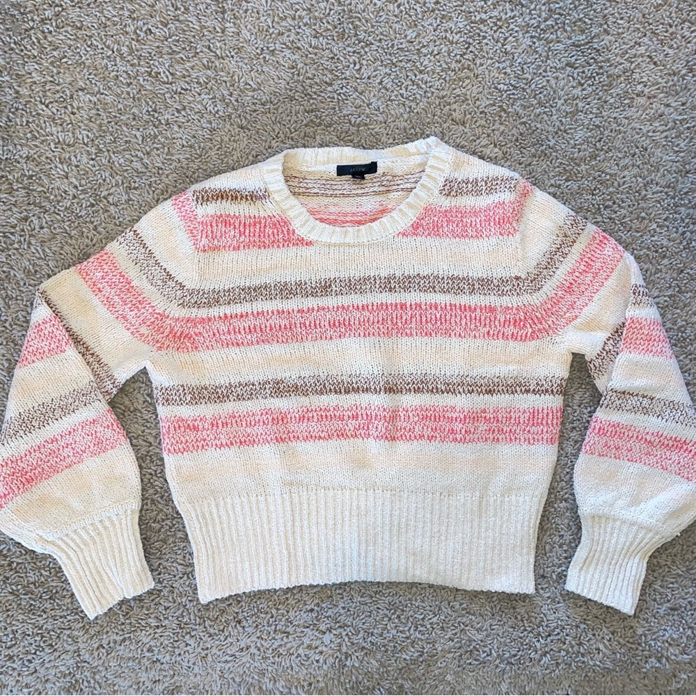 J Crew Bouclé Crewneck Sweater in Wide Stripe Dusty Ivory Apricot Size Medium
